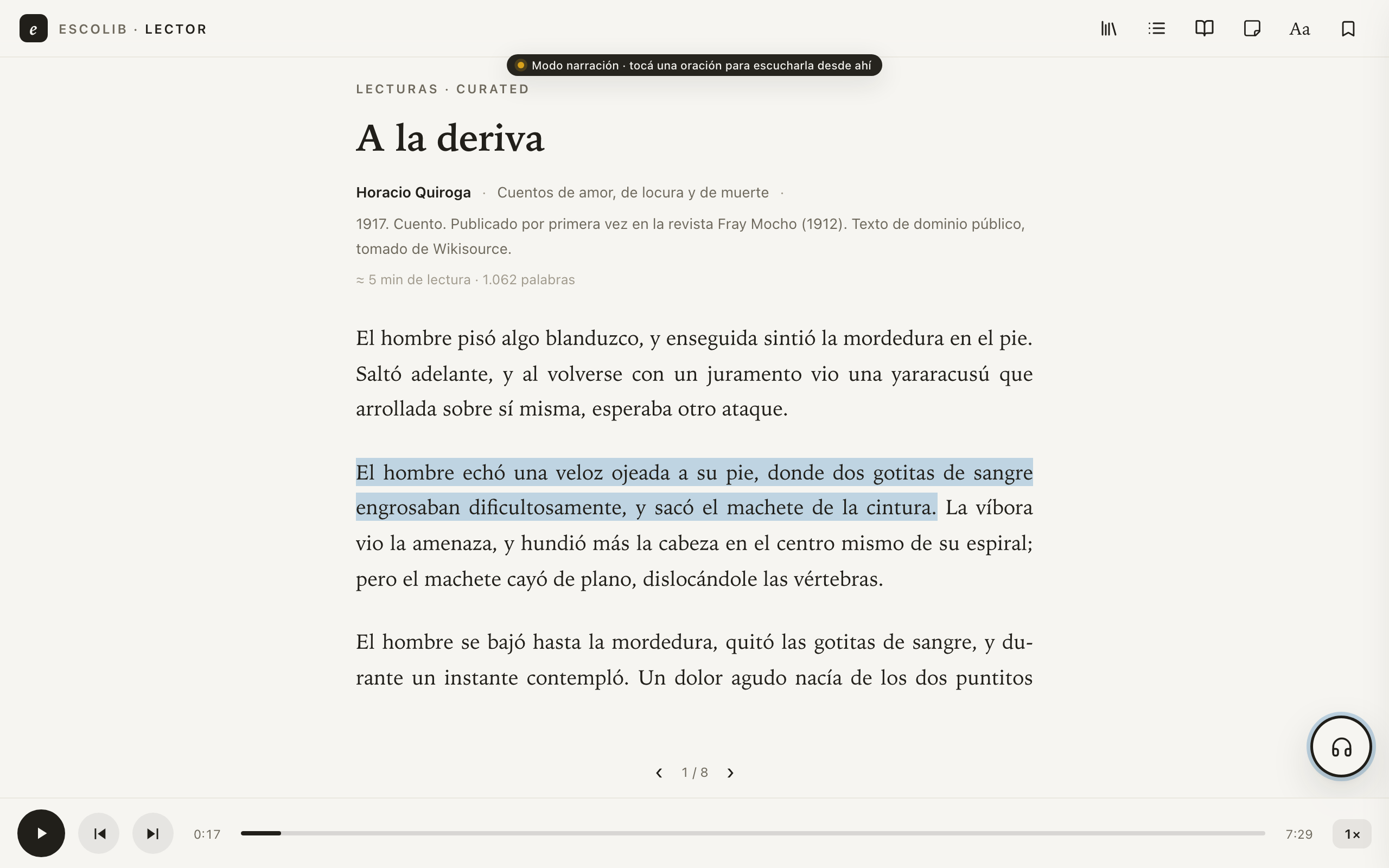 El reader en modo página con la narración sincronizada resaltando la oración activa