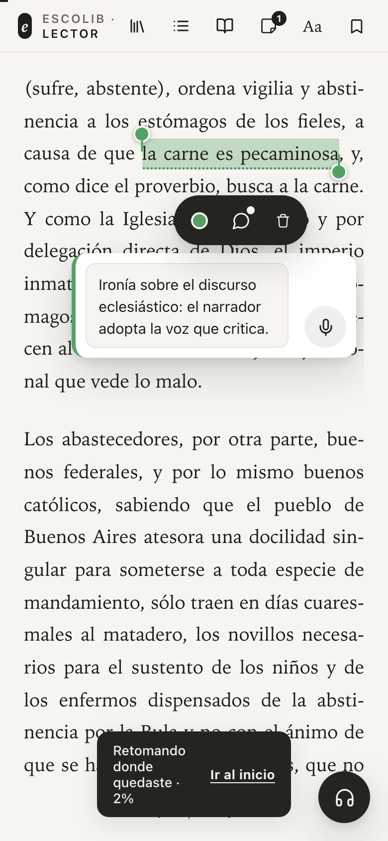 Una nota con resaltado, comentario y dictado por voz en un teléfono